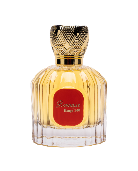 Glass bottle of Maison Alhambra Baroque Rouge 540 perfume, showcasing a vibrant yellow fragrance inside. The bottle features a gold top and a red plate on the front with the perfume name elegantly displayed. The sophisticated design highlights the luxurious nature of the unisex fragrance